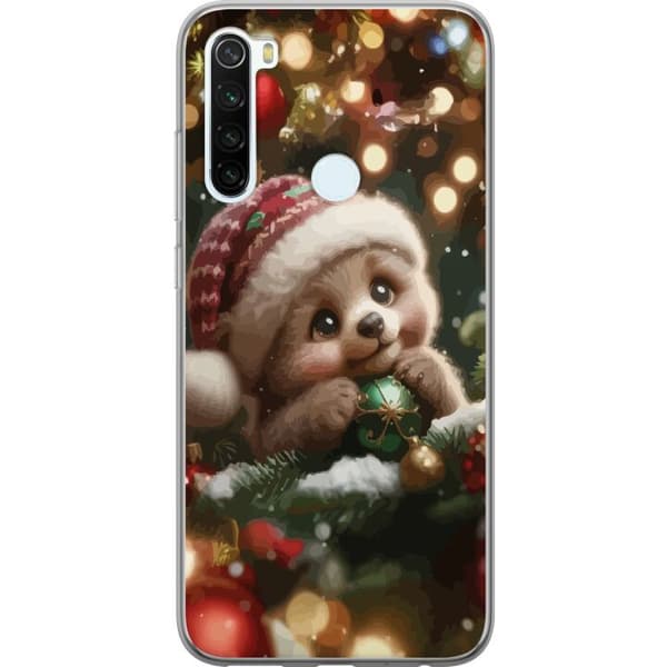 Kompatibelt Mobildeksel til Xiaomi Redmi Note 8 Brun dovendyr med nisselue og grønn julekule blant julebelysning brun