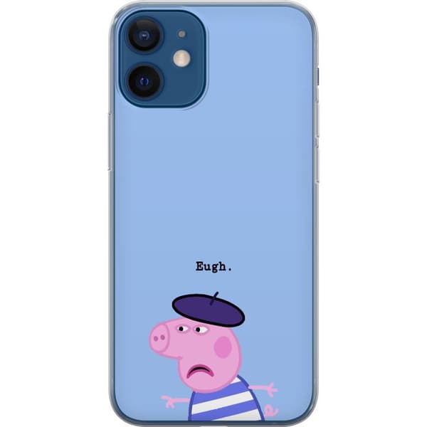 Kompatibelt Mobildeksel til Apple iPhone 12 Peppa Gris-motiv med lilla beret, stripete genser og teksten Eugh mot lyseblå bakgrunn blå