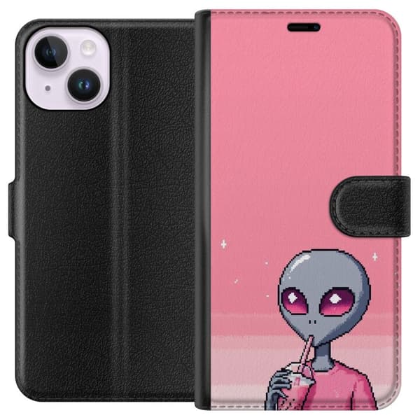 Kompatibel Tegnebogsetui til Apple iPhone 14 Retro-pixelillustration af en grå alien, der drikker lyserød drik på lyserød baggrund pink