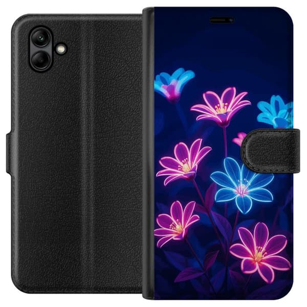 Kompatibel Tegnebogsetui til Samsung Galaxy A05 Blåt og lyserødt motiv med lysende neonblomster mod mørk baggrund blå