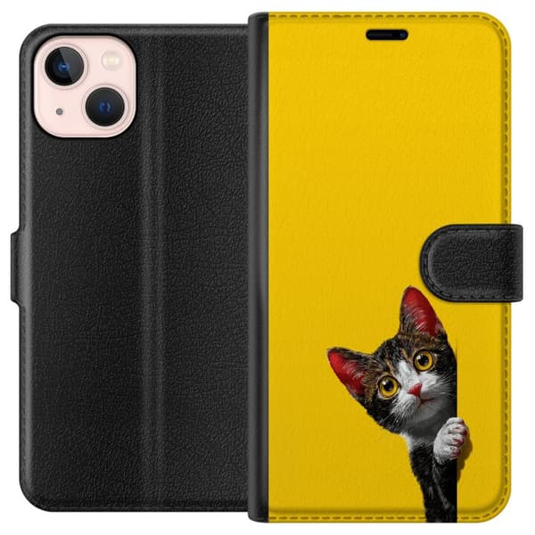 Kompatibel Tegnebogsetui til Apple iPhone 13 mini Sød kat, der kigger ud mod gul minimalistisk baggrund gul