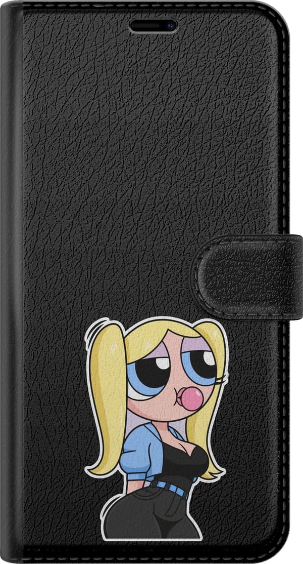 Kompatibel Tegnebogsetui til Apple iPhone 15 Pro Max Blå skjortefigur - Sort motiv med blond figur med blå skjorte. sort