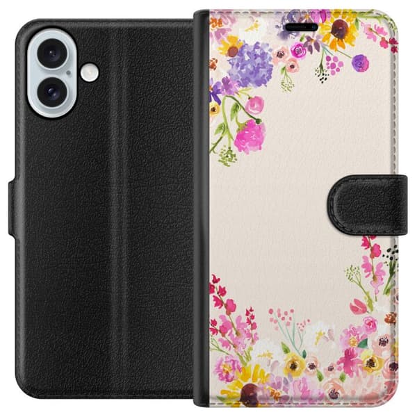 Kompatibelt Lommeboketui til Apple iPhone 16 Plus Blommig akvarellram