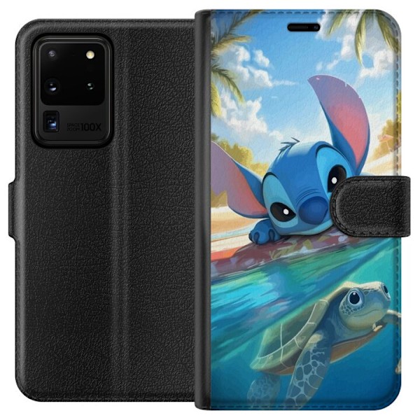 Samsung Galaxy S20 Ultra Plånboksfodral Stitch med sköldpadda – söt blå alien i tropisk strandmiljö från Disney