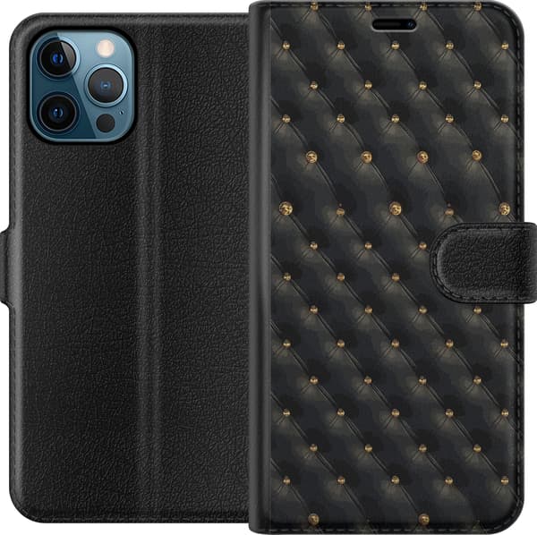 Kompatibel Tegnebogsetui til Apple iPhone 12 Pro Max Sort geometrisk diamantmønster med små guldfarvede dekorative detaljer sort