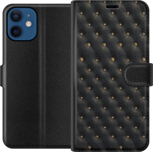 Kompatibel Tegnebogsetui til Apple iPhone 12 mini Sort geometrisk diamantmønster med små guldfarvede dekorative detaljer sort