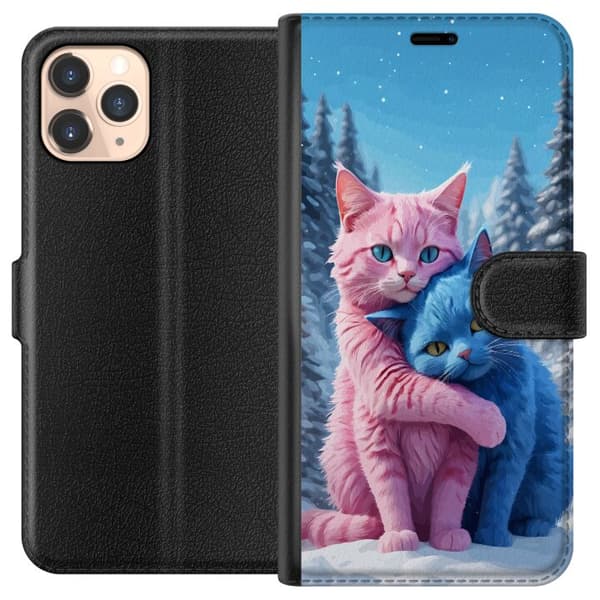 Kompatibel Tegnebogsetui til Apple iPhone 11 Pro Søde lyserøde og blå katte, der krammer i sneklædt vinterlandskab blå