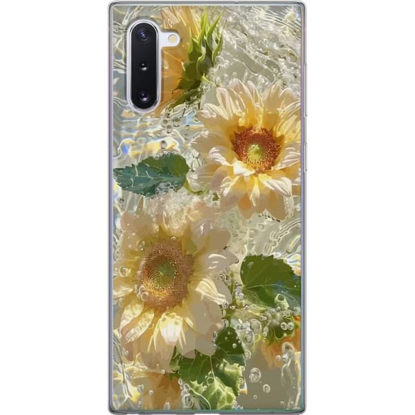 Kompatibelt Mobildeksel til Samsung Galaxy Note10 Lysegule solsikker med grønne blader i glitrende vann og bobler gul