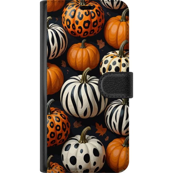 Kompatibel Tegnebogsetui til Apple iPhone 14 Pro Max Efterårsmotiv med orange og hvide græskar dekoreret med leopard-, zebra- og prikkemønstre orange