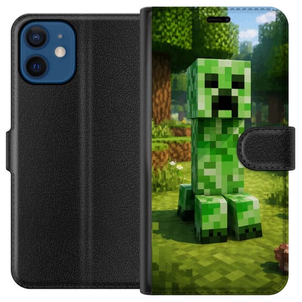 Kompatibel Tegnebogsetui til Apple iPhone 12 mini blokbaseret Creeper-figur i en grøn pixelverden, ikonisk spilillustration til børneværelser, gamere