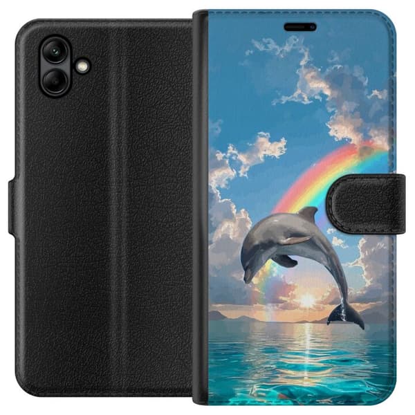 Kompatibelt Plånboksfodral till Samsung Galaxy A05 Realistisk delfin framför regnbåge över lugnt hav blå