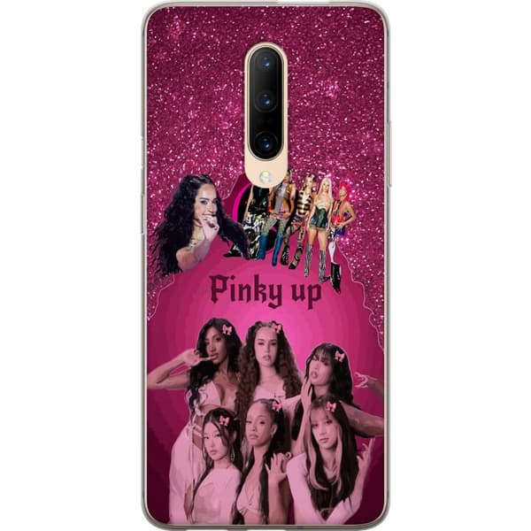 Kompatibelt Mobildeksel til OnePlus 7 Pro KATSEYE i rosa collage med sløyfer, glitrende bakgrunn og mørk dekorativ tekst rosa