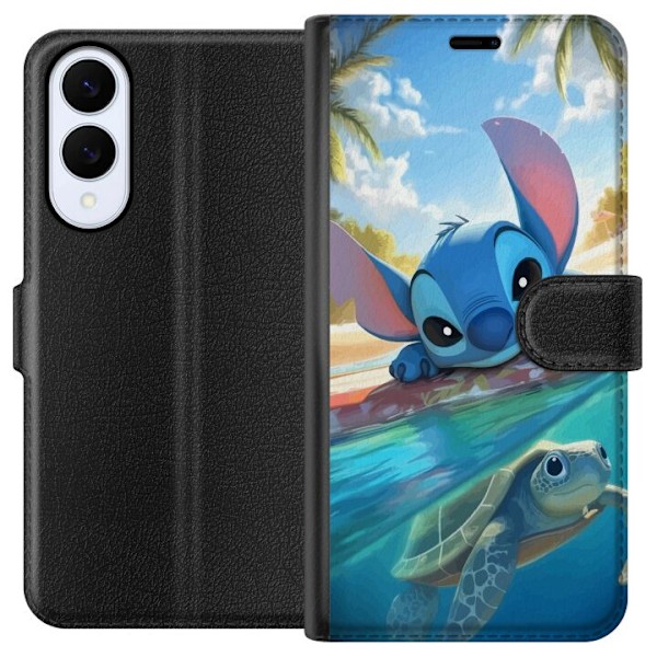 Samsung Galaxy S25 Edge Tegnebogsetui Stitch med skildpadde - sød blå alien i tropisk strandmiljø fra Disney