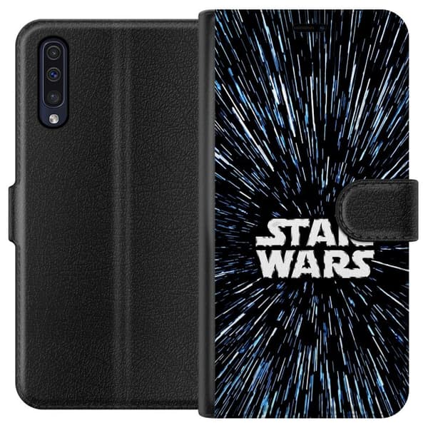 Kompatibel Tegnebogsetui til Samsung Galaxy A50 Star Wars-logo med hyperspace-stjerner i ikonisk sci-fi-design sort