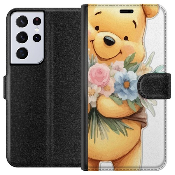 Samsung Galaxy S21 Ultra 5G Tegnebogsetui Nalle Puh med blomster - klassisk børnefavorit i en blomstrende forårs miljø