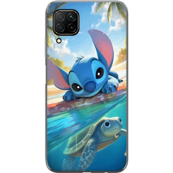 Huawei P40 lite Genomskinligt Skal Stitch med sköldpadda – söt blå alien i tropisk strandmiljö från Disney