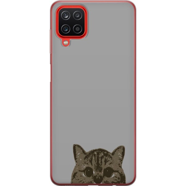 Samsung Galaxy A12 Genomskinligt Skal Grå Kattblick – stilren kattdesign med grå bakgrund