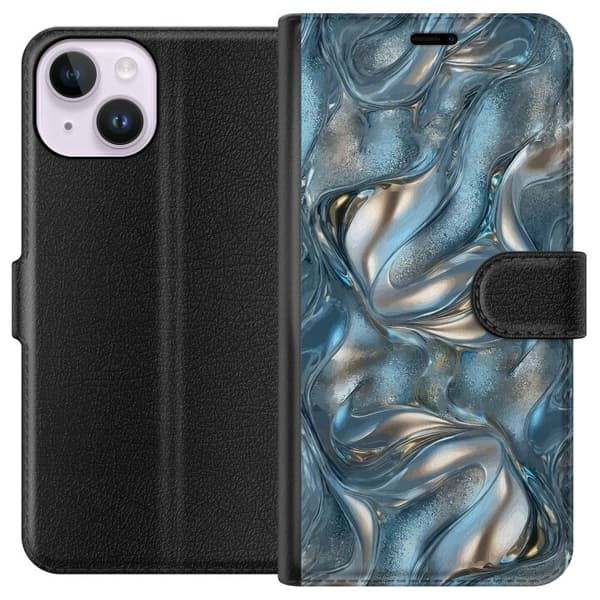 Kompatibelt Plånboksfodral till Apple iPhone 15 Abstrakt flytande krom i silver och blå metallic-effekt silver