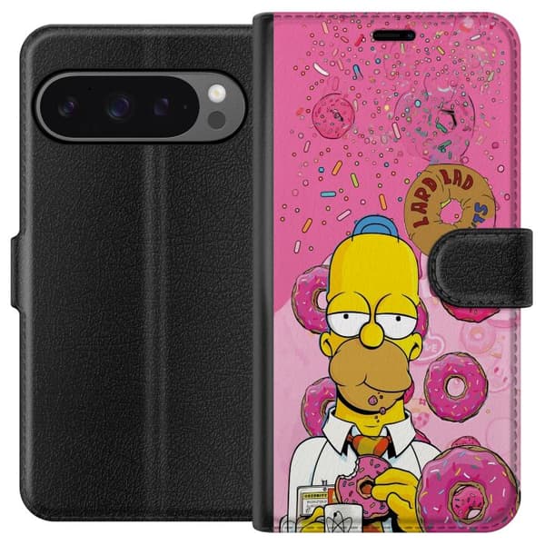 Kompatibel Tegnebogsetui til Google Pixel 9 Pro XL Homer Simpson spiser lyserøde donuts mod en farverig baggrund pink