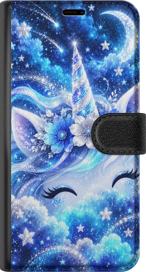 Kompatibelt Lommeboketui til Apple iPhone 11 Pro Stjernehorn – Enhjørningsansikt og blomster i blå nyanser. Et dekorativt motiv med tydelige former o blå