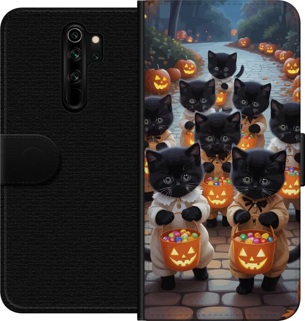 Kompatibel Tegnebogsetui til Xiaomi Redmi Note 8 Pro  Sorte killinger med orange græskarbøtter på en efterårsgade med græskarlygter orange