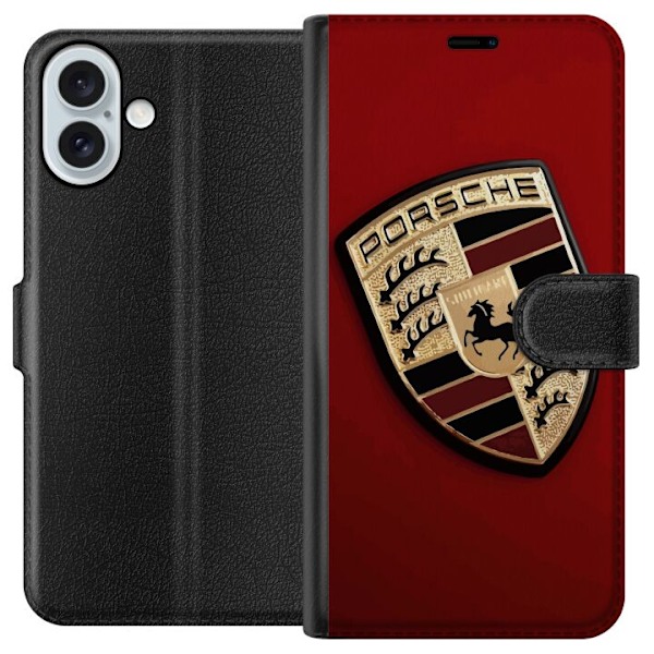 Apple iPhone 16 Plus Tegnebogsetui Mobil etui med stilfuld Porce-logo i sort og hvid