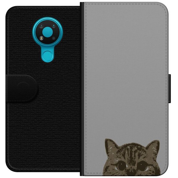 Nokia 3.4 Plånboksfodral Grå Kattblick – stilren kattdesign med grå bakgrund