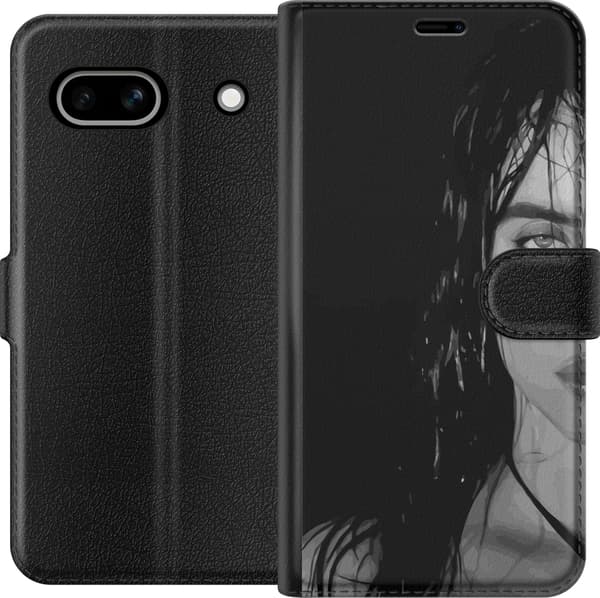Kompatibel Tegnebogsetui til Google Pixel 7a Nærbillede af en mørkhåret kvinde med vådt hår i sort-hvid mod en sort baggrund sort