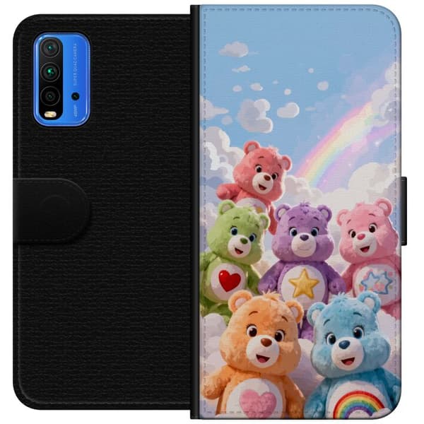 Kompatibel Tegnebogsetui til Xiaomi Redmi Note 9 4G Søde farverige bamser med hjerter, stjerne og regnbue blandt bløde skyer blå