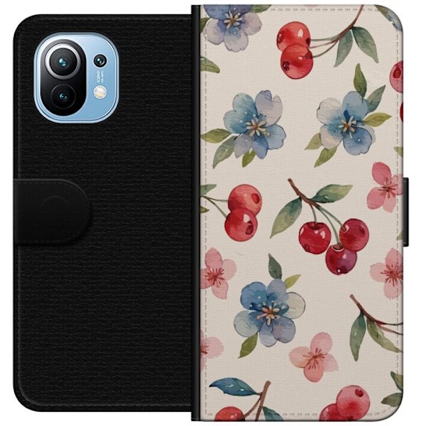 Xiaomi Mi 11 Lompakkokotelo Marjat & Kukat - kuvio, jossa on sinisiä kukkia ja metsänmarjoja