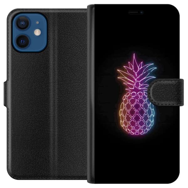Kompatibel Tegnebogsetui til Apple iPhone 12 mini Neonillustration af ananas i farverigt lys mod sort baggrund