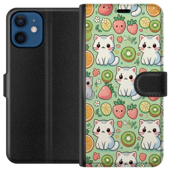 Kompatibel Tegnebogsetui til Apple iPhone 12 mini Søde katte med frugt i et legende design