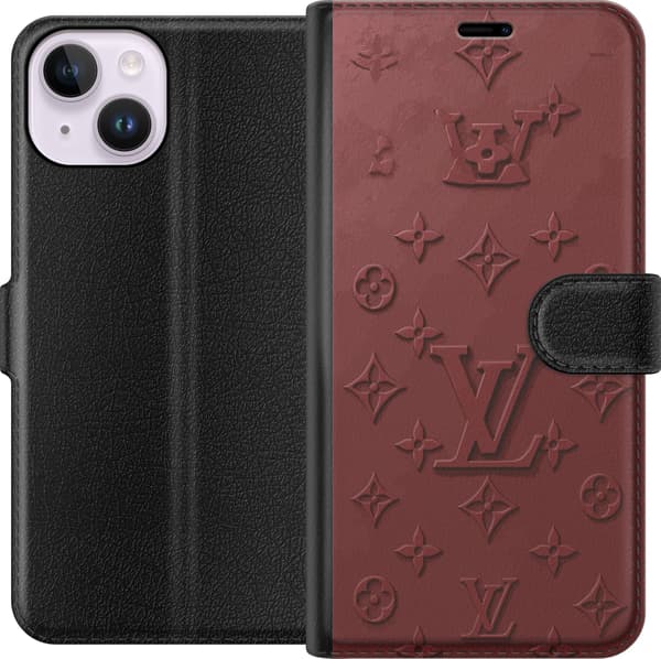 Kompatibelt Lommeboketui til Apple iPhone 14 Luksuriøst Louis Vuitton-inspirert monogram i mørkerøde toner rød
