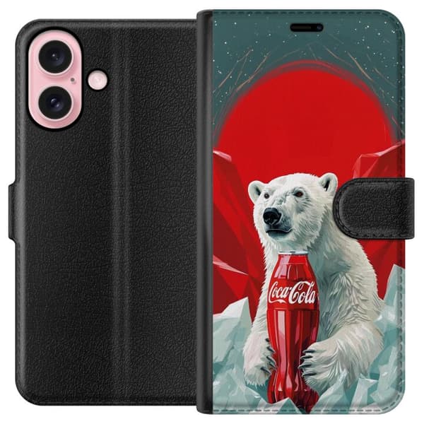 Yhteensopiva Lompakkokotelo Apple iPhone 16 Jääkarhu, jolla on Coca-Cola-pullo jäisellä maisemalla punainen