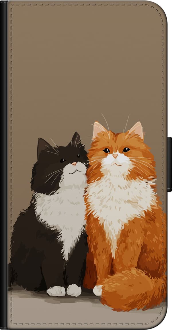 Kompatibel Tegnebogsetui til OnePlus 9 Pro Illustrerede sort-hvide og orange-hvide katte sammen mod brun baggrund brun