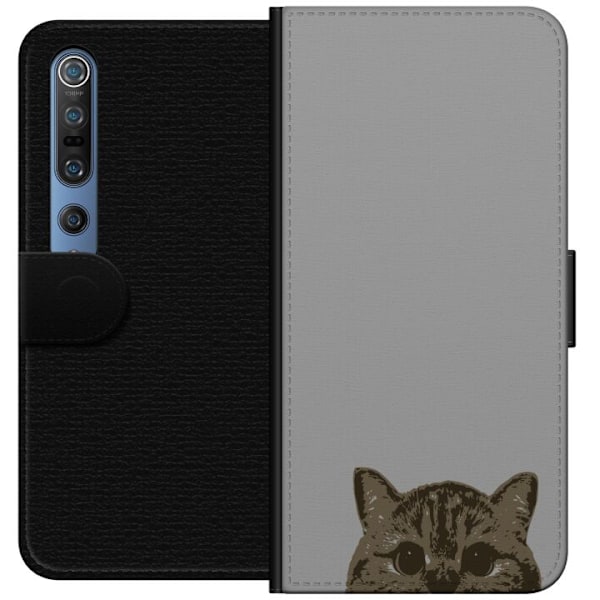 Xiaomi Mi 10 Pro 5G Plånboksfodral Grå Kattblick – stilren kattdesign med grå bakgrund