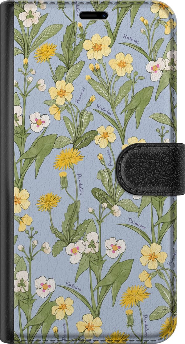 Kompatibel Tegnebogsetui til Google Pixel 10a Gule og hvide engblomster med grønne blade på lyseblå baggrund blå