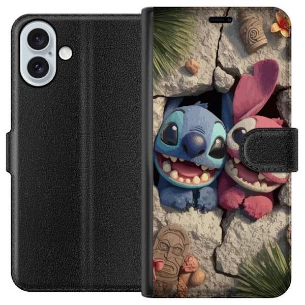 Apple iPhone 16 Plus Plånboksfodral Stitch Angel Lilo & Stitch Motiv Disney Kärlek Seriefigur Populär Blå Alien Rolig Disneyfilm