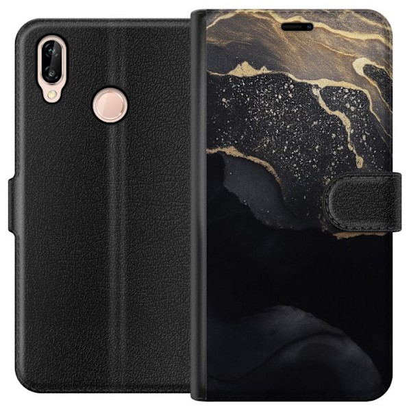 Huawei P20 lite Tegnebogsetui Sort guld abstrakt