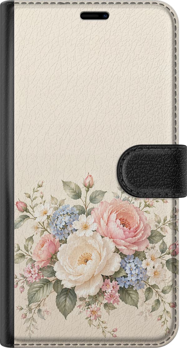 Kompatibel Tegnebogsetui til Apple iPhone 13 Pro Max Rosebukét med blå blomster – Buket med lyserøde og hvide roser, små blå blomster og grønne blade beige