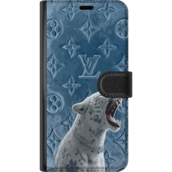 Kompatibel Tegnebogsetui til Apple iPhone 16 Plus Eksklusiv hvid leopard med blå detaljer og elegant mønstret baggrund blå