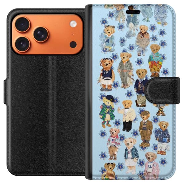 Kompatibel Tegnebogsetui til Apple iPhone 17 Pro Max Søde bamser i trendy tøj med blå blomster blå
