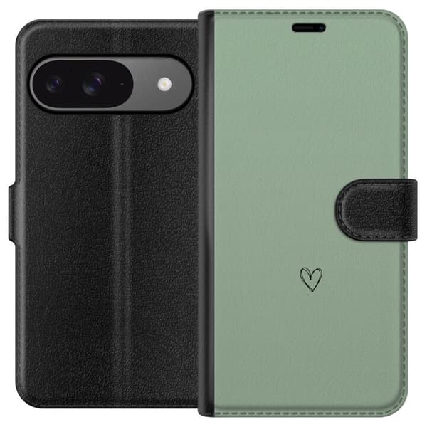 Kompatibel Tegnebogsetui til Google Pixel 9 Minimalistisk sort håndtegnet hjerte centreret på roligt lysegrønt baggrund grøn