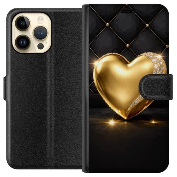 Kompatibelt Lommeboketui til Apple iPhone 15 Pro Max Gyldent hjerte med diamantkant