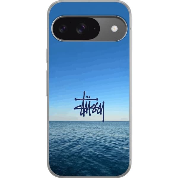 Kompatibelt Mobildeksel til Google Pixel 9 Havspanorama med blå himmel og stilig surf-inspirert logo blå