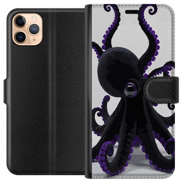 Kompatibel Tegnebogsetui til Apple iPhone 11 Pro Max Sort blæksprutte med lilla detaljer i et elegant havtema mod en lys baggrund sort