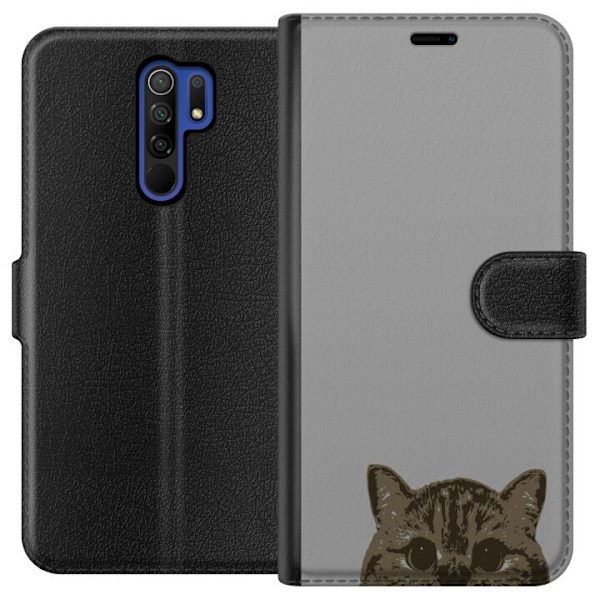 Xiaomi Redmi 9 Plånboksfodral Grå Kattblick – stilren kattdesign med grå bakgrund