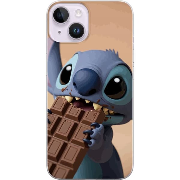 Kompatibelt Mobildeksel til Apple iPhone 15 Plus Søtt blått romvesen som spiser en stor sjokoladeplate blå