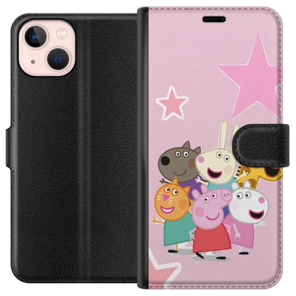 Kompatibel Tegnebogsetui til Apple iPhone 13 mini Gurli Gris og venner samlet med stjerner på lyserød baggrund, farverig børneillustration