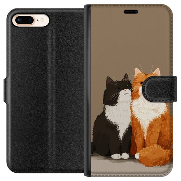 Kompatibel Tegnebogsetui til Apple iPhone 8 Plus Illustrerede sort-hvide og orange-hvide katte sammen mod brun baggrund brun